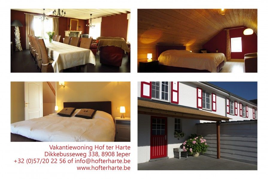 Gemuetliches Esszimmer im Ferienhaus Hof ter Harte, Ypern, Westflandern, mit grossem Esstisch und stimmungsvoller Beleuchtung.