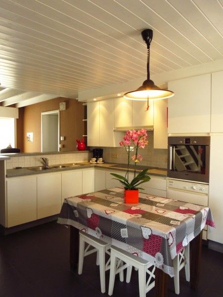 Geraeumiges Wohnzimmer im Ferienhaus Hof ter Harte, Ypern, Westflandern mit bequemen Sofas und Kamin.