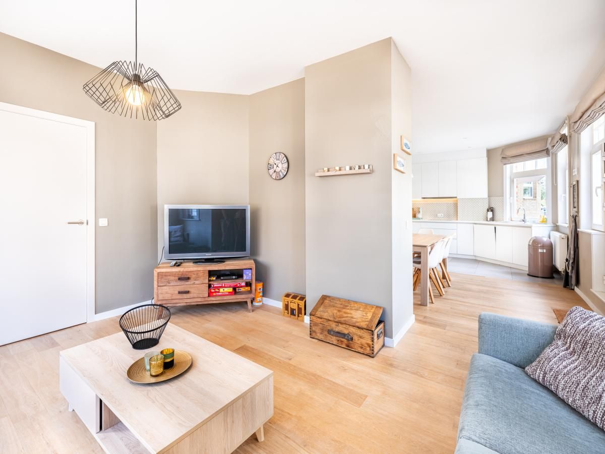 Cozy living room in vacation home Au Coin in Koksijde, West Flanders with modern decor and lots of natural light.
