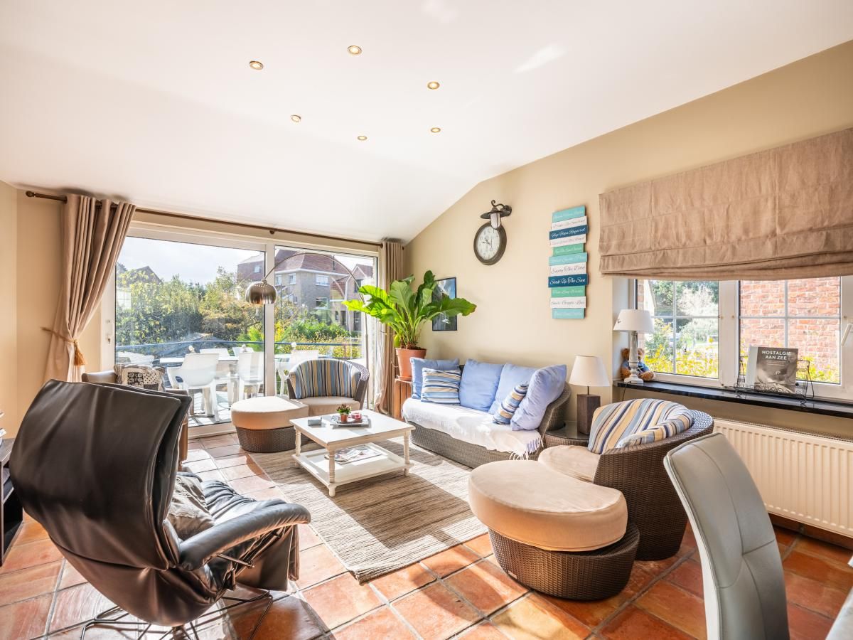 Gezellige woonkamer van vakantiehuis Le Palmier in Koksijde, West-Vlaanderen, met zonovergoten terras en moderne inrichting.