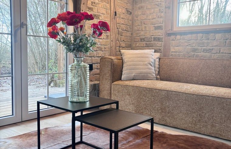 Cozy living room of Cottage in Alveringem, vacation home in West Flanders, with wood stove and television for ultimate relaxation.