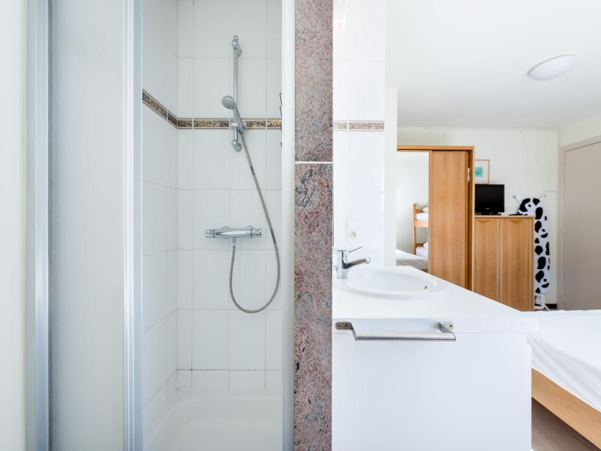 Moderne badkamer in vakantiehuis Aubepine troisieme, Sint-Idesbald, West-Vlaanderen met douche en wastafel voor optimaal comfort.