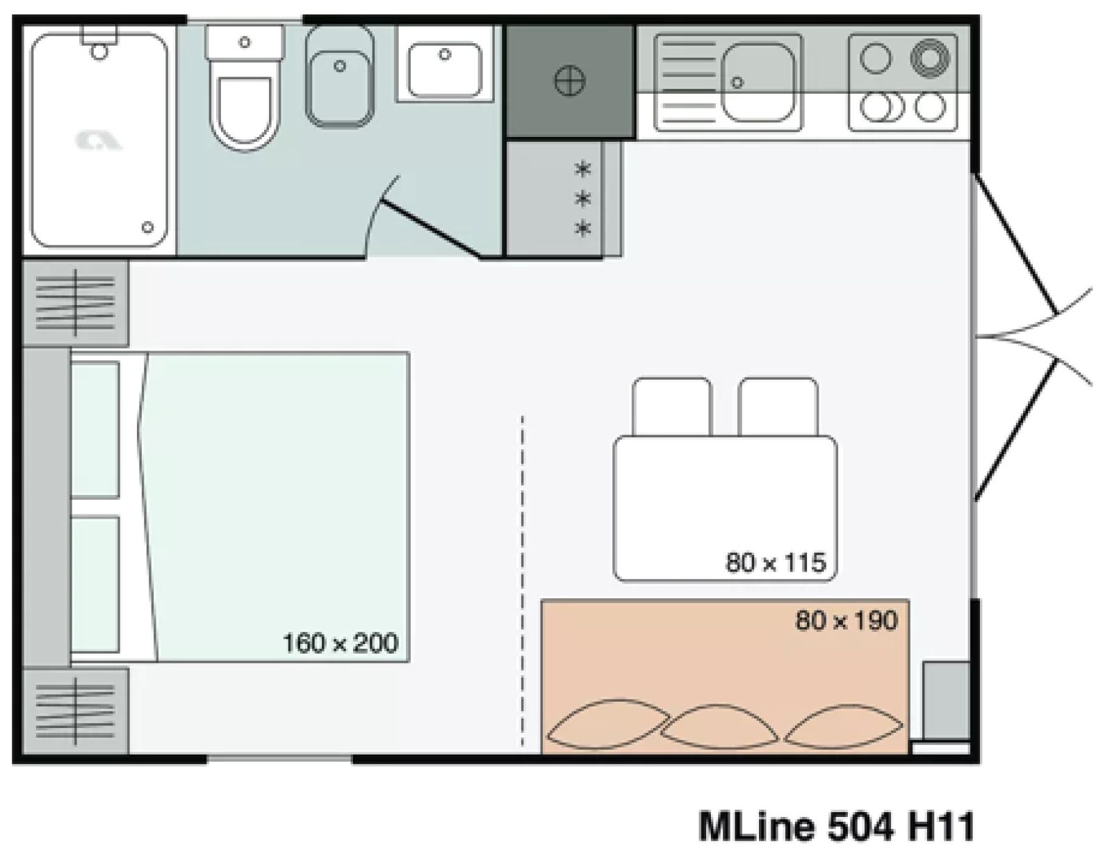 Grundriss des Ferienhauses Lodge in Gent, Ostflandern, mit moderner Kueche, komfortablem Schlafzimmer und geraeumigem Wohnbereich.