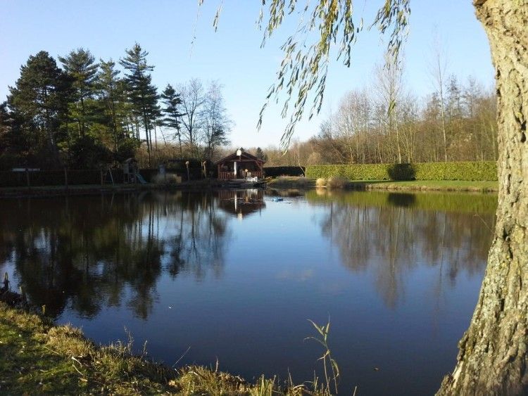 Malerische Aussicht auf den Teich und das Chalet Au Repeau in Moerzeke, Ostflandern, umgeben von Natur.