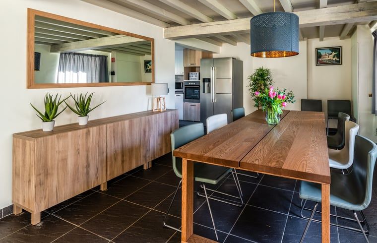 Modernes Esszimmer im Ferienhaus in Ronse, Ostflandern, Belgien, mit stilvollem Dekor und natuerlichem Licht.