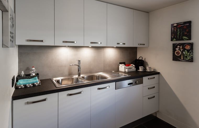 Moderne Kueche in einem Ferienhaus in Ronse, Ostflandern, Belgien, mit stilvoller Einrichtung und allem Komfort fuer einen erholsamen Aufenthalt.