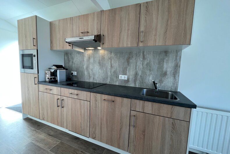 Modern kitchen in the detached house in 2400 Mol, vacation home in Mol, Antwerp, Belgium with stylish wood finishes.