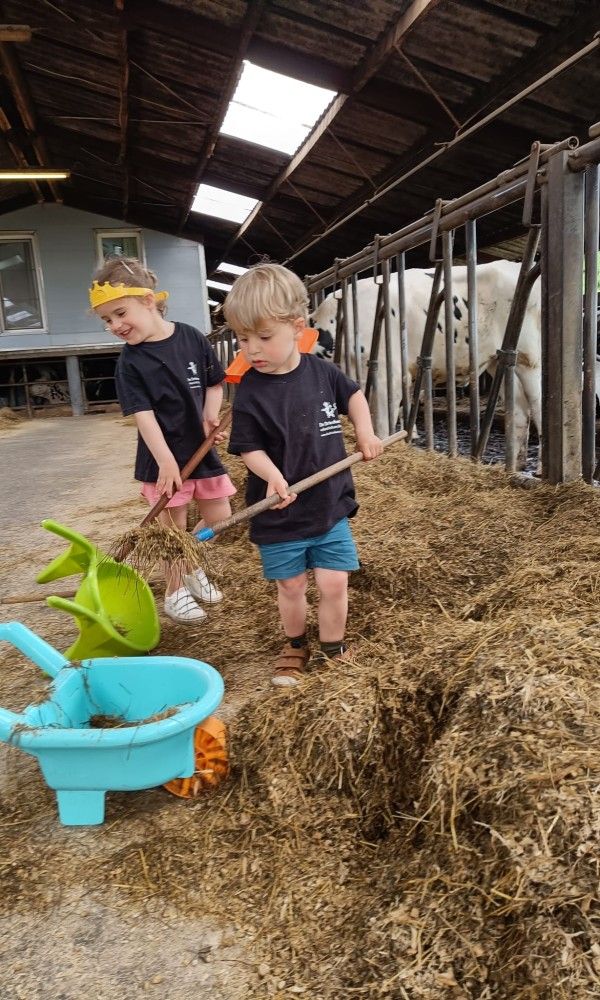 Kinder helfen bei der Bauernhofarbeit in De Drieshoeve, einem Ferienhaus in Kasterlee, Antwerpen.