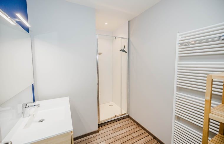 Modernes Badezimmer in Cottage in Kasterlee, Ferienhaus in Kasterlee, Antwerpen, Belgien mit geraeumiger Dusche und stilvollem Waschbecken.