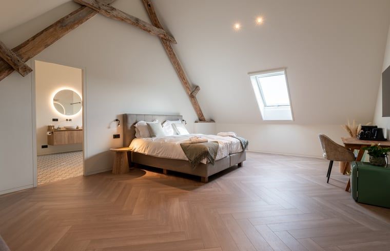 Luxury bedroom in Holiday Home in Kasterlee, Antwerp, with wooden beams and lots of light for a restful vacation experience.