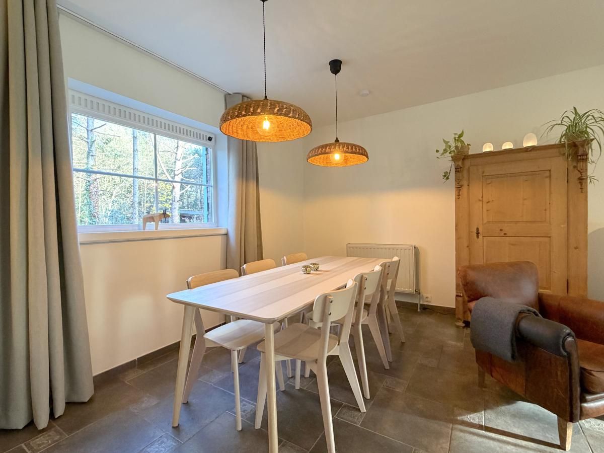 Stylish living room of Lierelodge vacation home in Oud-Turnhout, Antwerp, overlooking the terrace and surrounding nature.