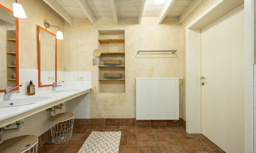 Stijlvolle badkamer in vakantiehuis De Morgenstond, Baarle-Hertog, met dubbele wastafel en houten accenten voor een rustieke sfeer.