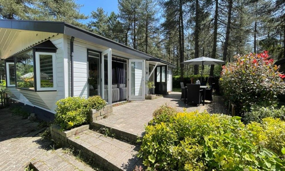 Geniessen Sie die Veranda des Chalet Sigal in Poppel, Antwerpen, Belgien. Entspannen Sie sich in der Natur und erleben Sie Komfort und Privatsphaere.