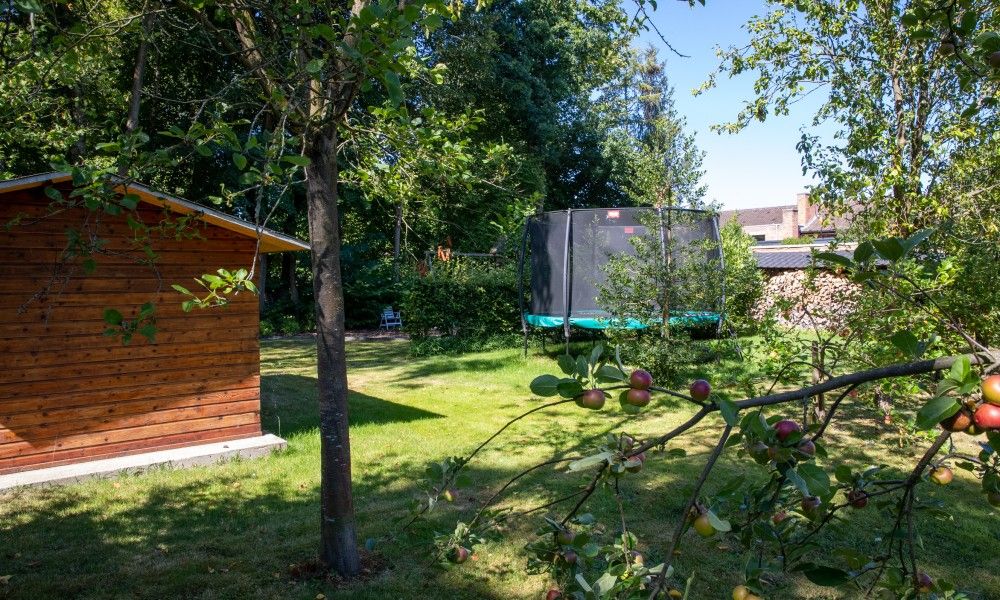 Ruime tuin met trampoline bij StadOase-Hasselt vakantiehuis in Hasselt, Belgie.