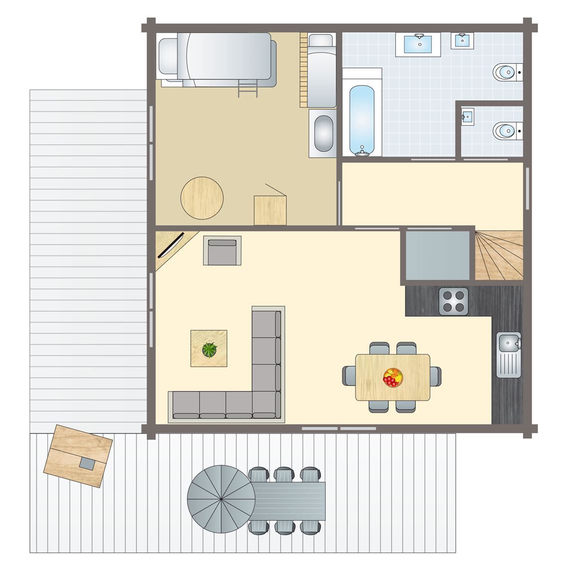 Plattegrond van Mooi Zutendaal 6-persoons kinderbungalow 6CK in Zutendaal, Limburg. Gezellige indeling met terras en moderne faciliteiten.