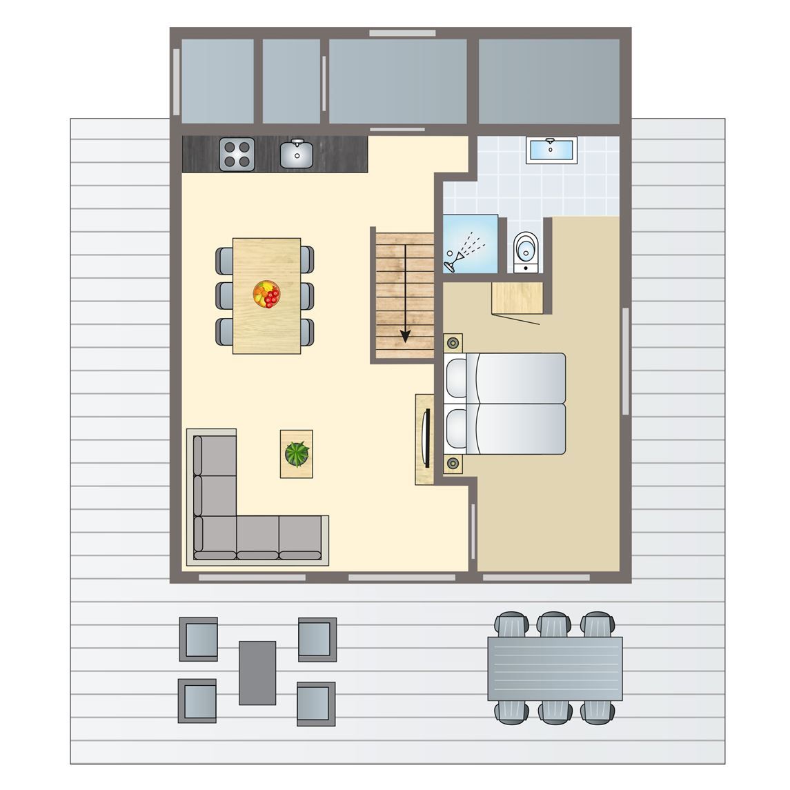 Plattegrond van Mooi Zutendaal 6-persoons villa in Zutendaal, Limburg, Belgie, met ruime woonkamer en moderne keuken.