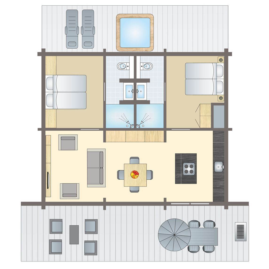 Plattegrond van Mooi Zutendaal 4-persoons villa in Limburg, Belgie. Comfortabele indeling met twee slaapkamers en moderne keuken.