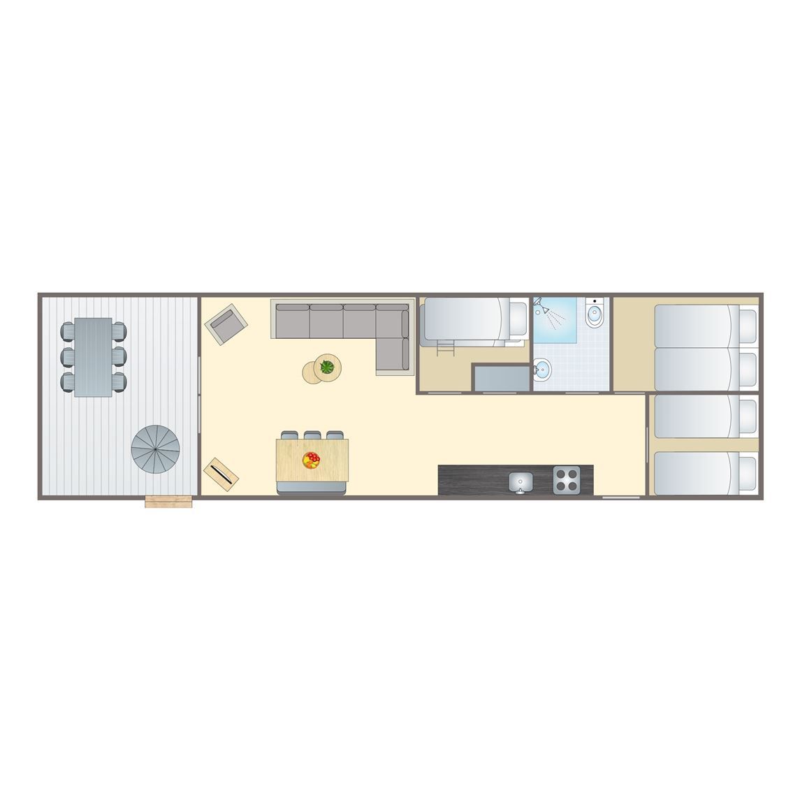 Plattegrond van Mooi Zutendaal 4-6-persoons chalet in Limburg, Belgie, met ruime binnenruimte en gezellig terras voor een ontspannen verblijf.