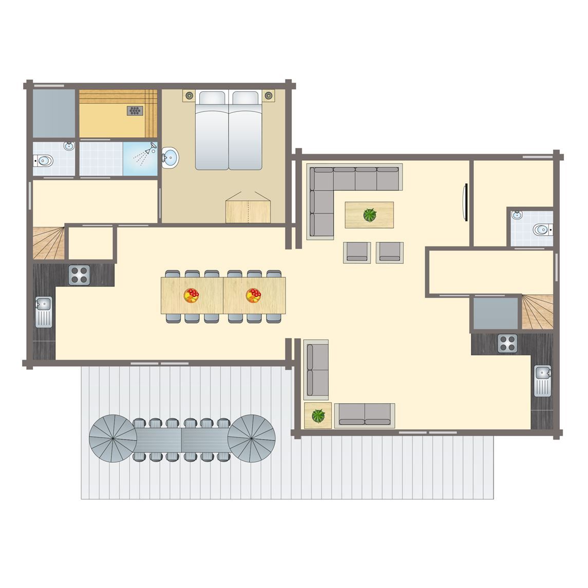 Plattegrond van Mooi Zutendaal 12-persoons bungalow in Limburg, Belgie, met ruime woonkamer en terras voor een comfortabel verblijf.