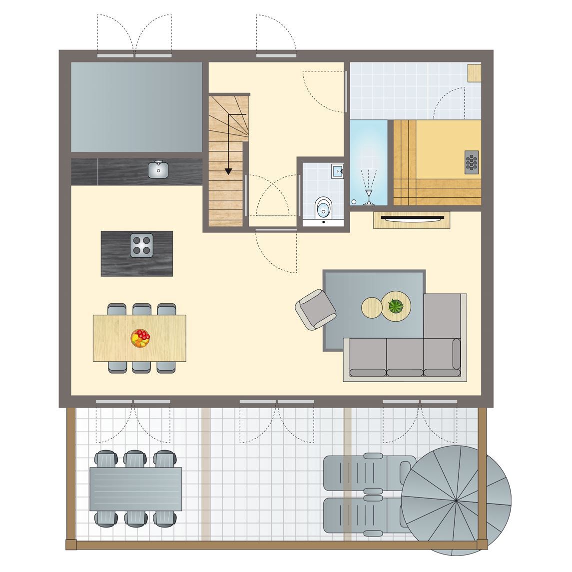 Plattegrond van Mooi Zutendaal 6-persoons villa in Zutendaal, Limburg. Ruime indeling met keuken, woonkamer en terras voor ultiem comfort.