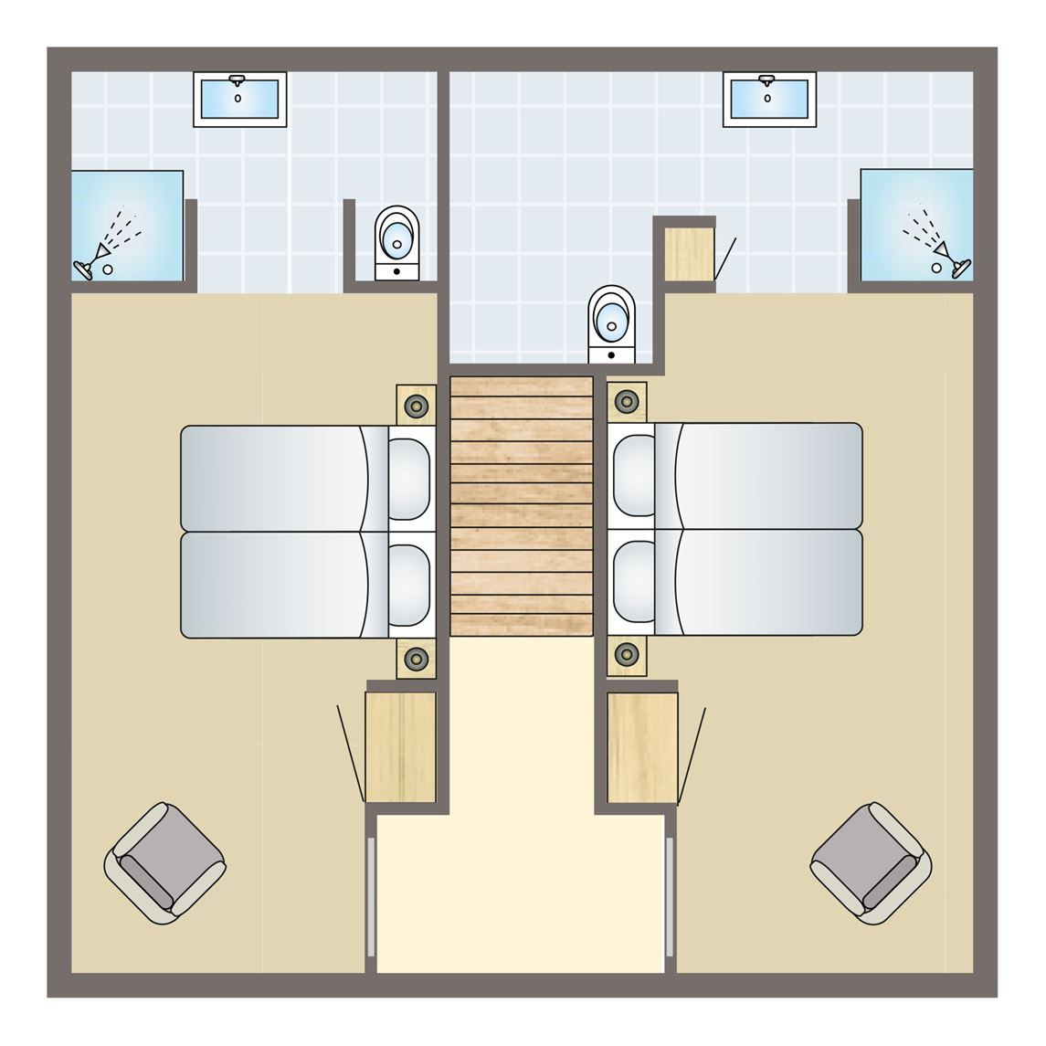 Plattegrond van Mooi Zutendaal 6-persoons villa 6CE in Limburg, Belgie, met comfortabele slaapkamers en moderne badkamers.