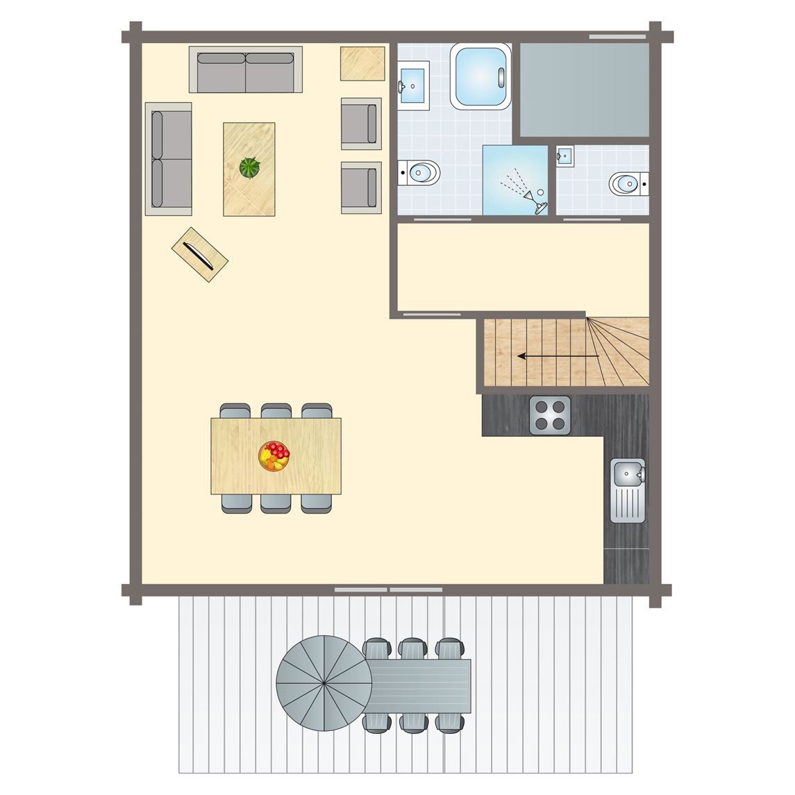 Plattegrond van Mooi Zutendaal 6-persoons bungalow 6C1 in Zutendaal, Limburg, Belgie met ruime woonkamer en moderne keuken.