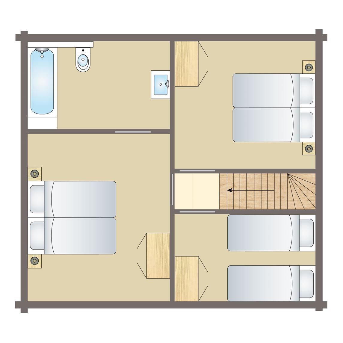Plattegrond van de Mooi Zutendaal 6-persoons bungalow 6C1 in Zutendaal, Limburg, Belgie met ruime slaapkamers en badkamer.