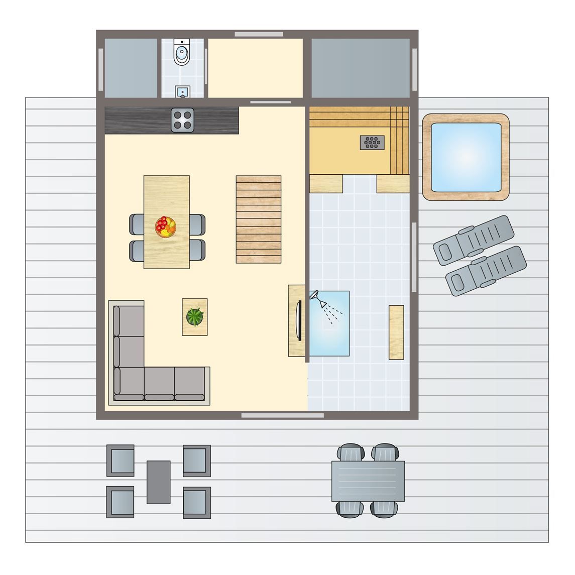 Plattegrond van Mooi Zutendaal 4-persoons wellnessvilla in Limburg, Belgie, met moderne binnenruimte en ontspannend terras.