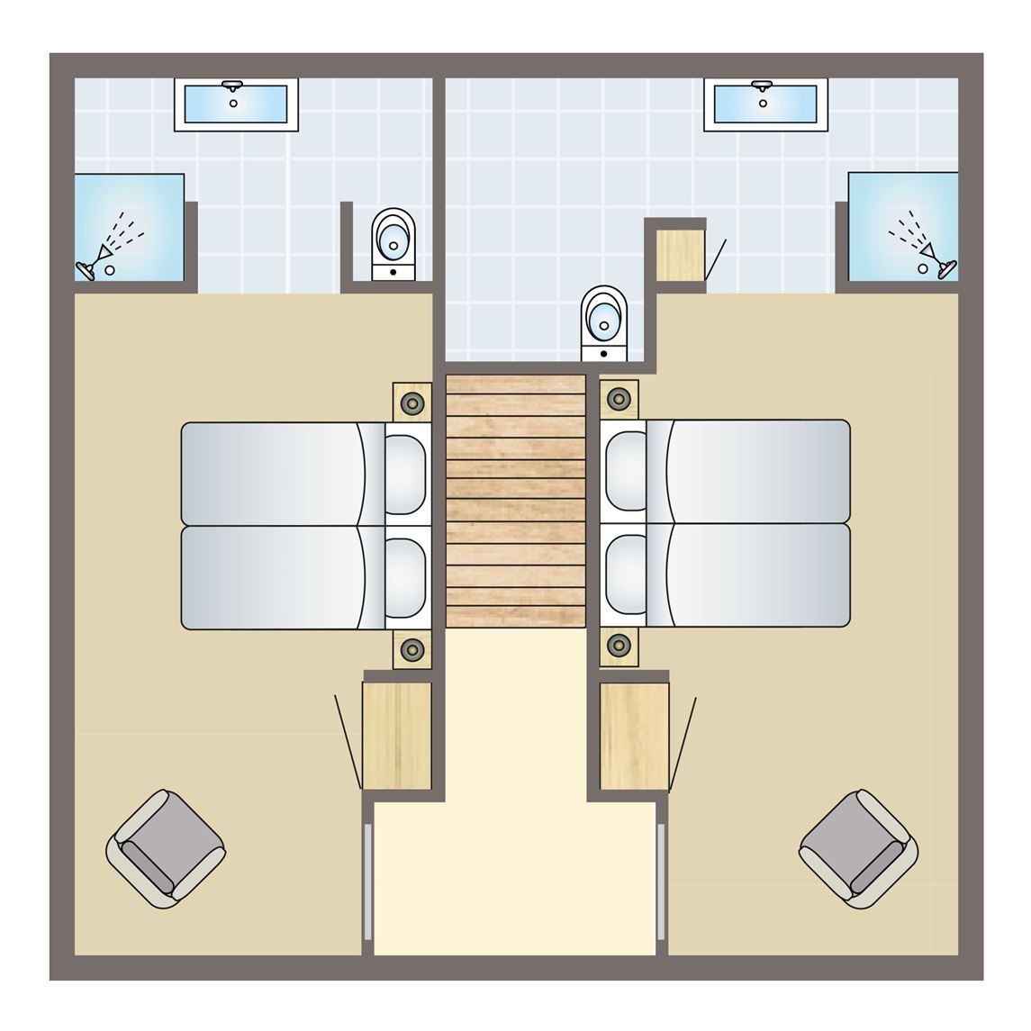Plattegrond van de Mooi Zutendaal wellnessvilla in Limburg, Belgie, met twee slaapkamers en moderne voorzieningen voor vier personen.