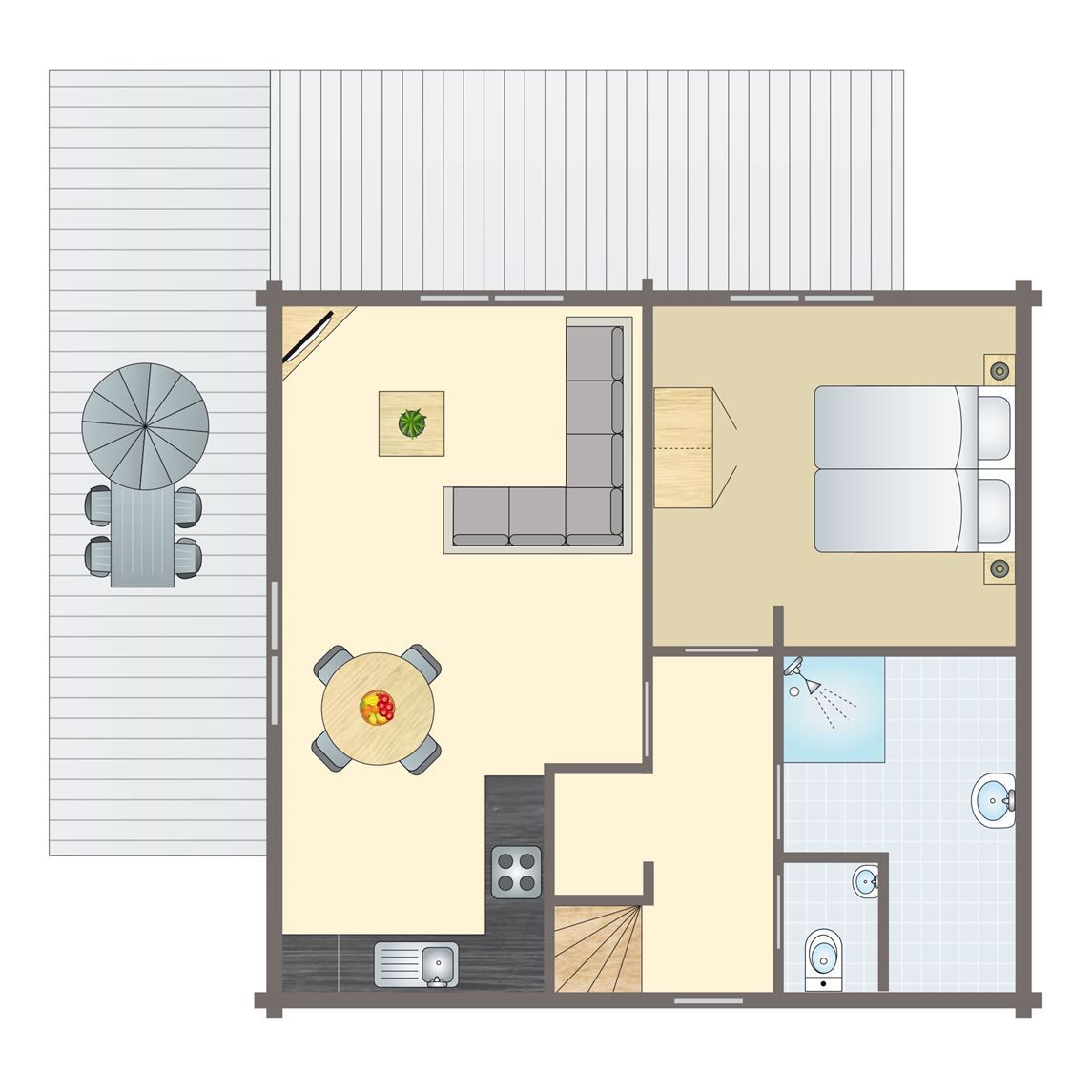 Plattegrond van Mooi Zutendaal's 4-persoons bungalow 4C in Limburg, Belgie, met ruime woonkamer en gezellig terras.