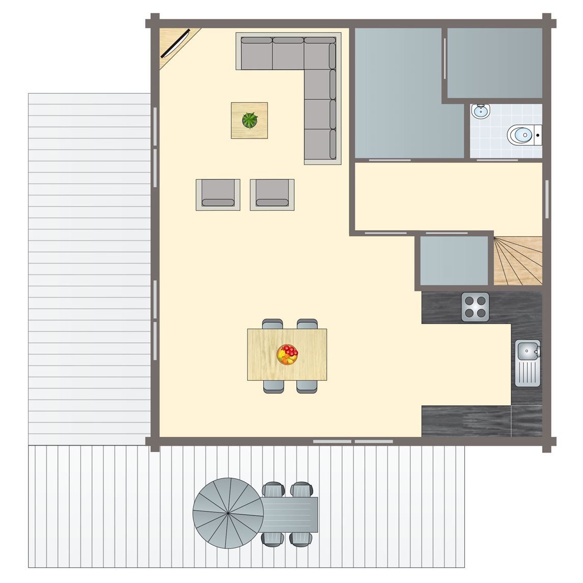 Plattegrond van Mooi Zutendaal 4-persoons bungalow in Limburg, Belgie, met ruime woonkamer en terras voor een ontspannen verblijf.