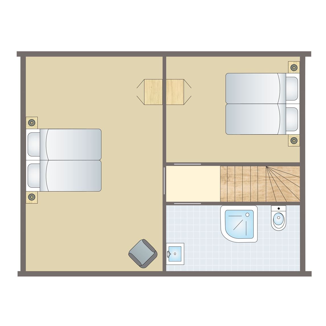Plattegrond van de Mooi Zutendaal 4-persoons bungalow 4B2 in Zutendaal, Limburg, Belgie met twee slaapkamers en moderne badkamer.