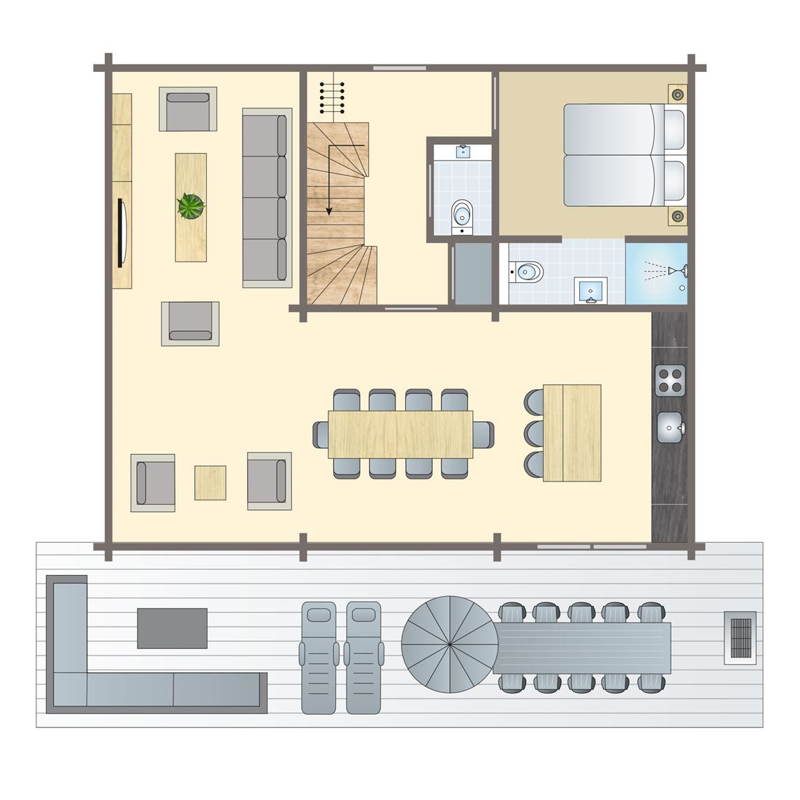 Plattegrond van Mooi Zutendaal 10-persoons villa in Limburg, Belgie, met ruime woonkamer, eetgedeelte en terras voor een ontspannen vakantie.