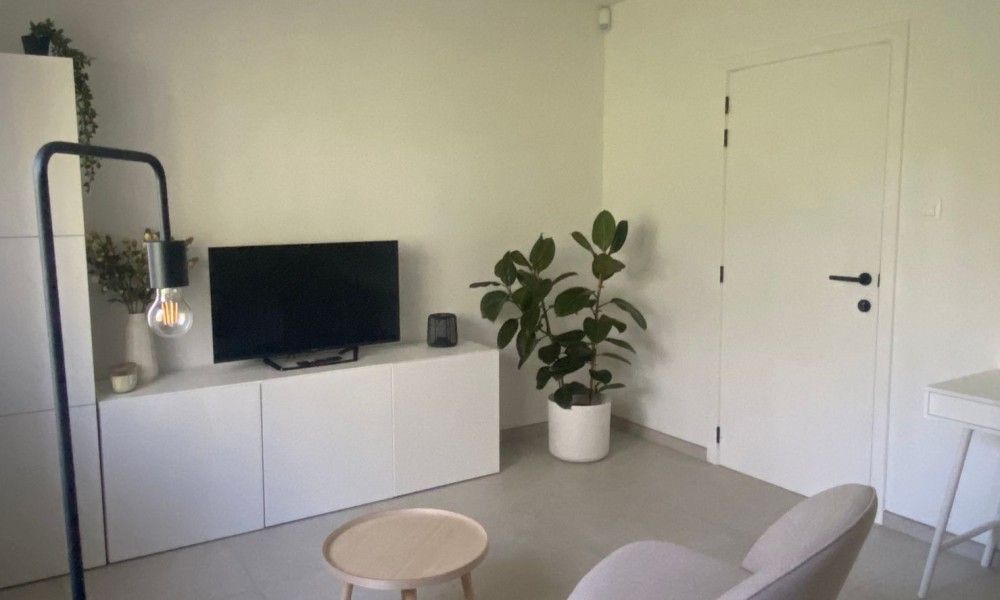 Moderne woonkamer in Ten Huyze Bucholt vakantiehuis met strakke inrichting, gelegen in Bocholt, Limburg, Belgie.