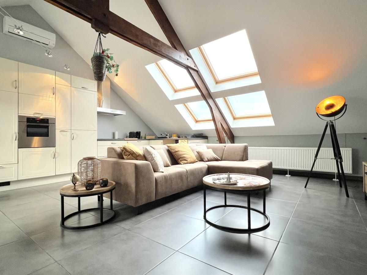Gezellige woonkamer van 't Vennehuisje, een vakantiehuis in Genk, Limburg, Belgie, met moderne inrichting en veel natuurlijk licht.