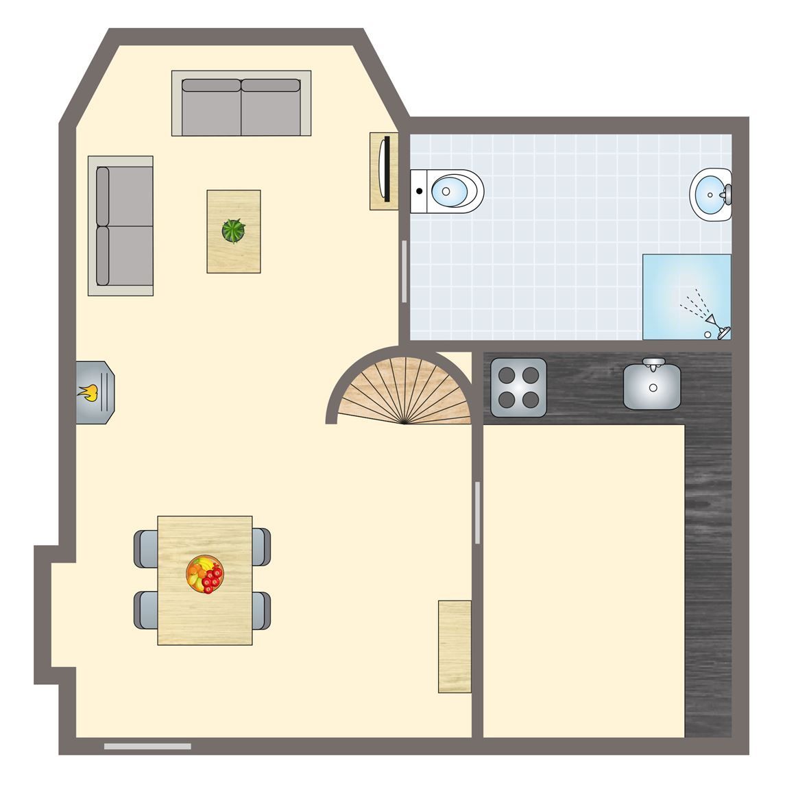 Grundriss von Village les Gottales | Turm fuer 4 Personen | 4BT in Trois-Ponts, Ardennen, mit gemuetlichem Wohnzimmer und moderner Kueche.