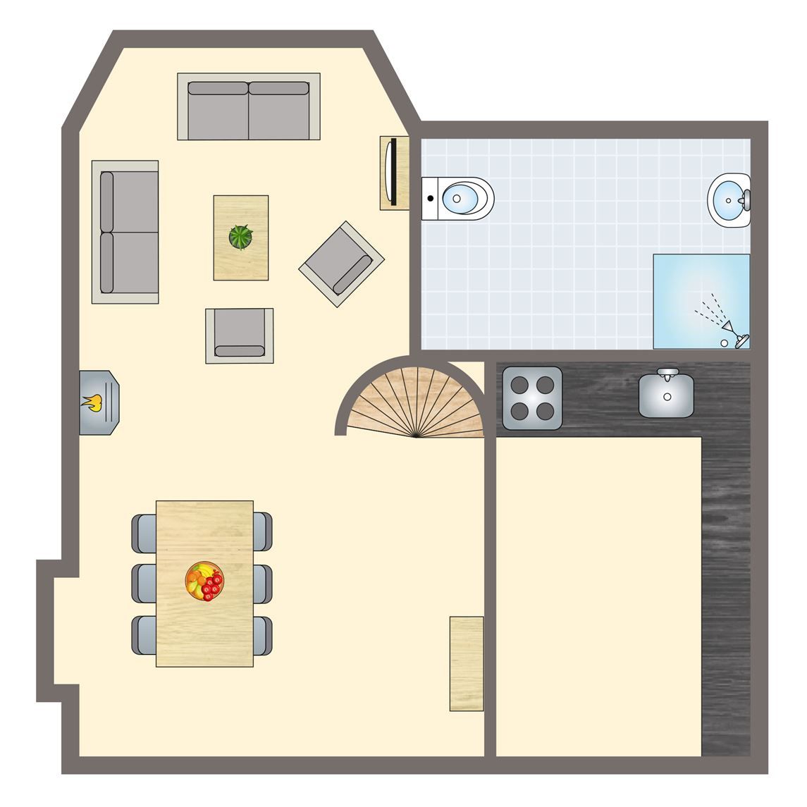 Grundriss des 6-Personen-Turmhauses "Village les Gottales" in Trois-Ponts, Ardennen. Komfortable Aufteilung mit Wohnzimmer, Kueche und Badezimmer.
