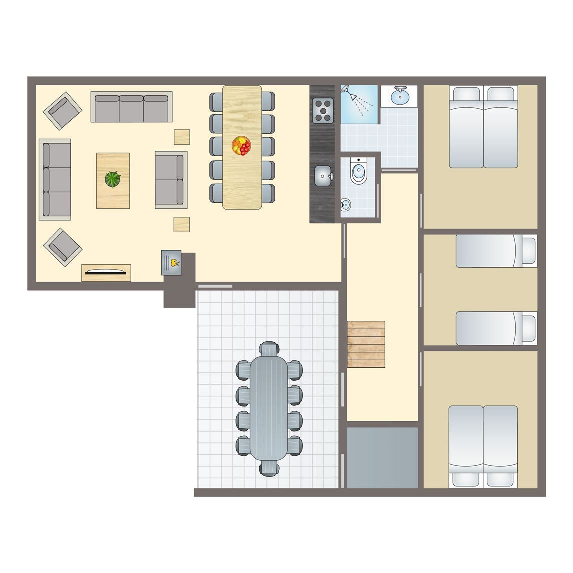 Plattegrond van Village l'Eau d'Heure 10-persoons bungalow in Froidchapelle, Henegouwen, met ruime woonkamer en moderne keuken.