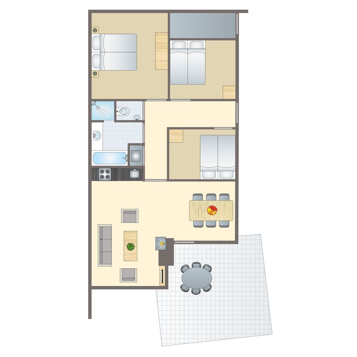 Plattegrond van Village l'Eau d'Heure 6-persoons bungalow 6C2 in Froidchapelle, Henegouwen, Belgie met ruime indeling en terras.