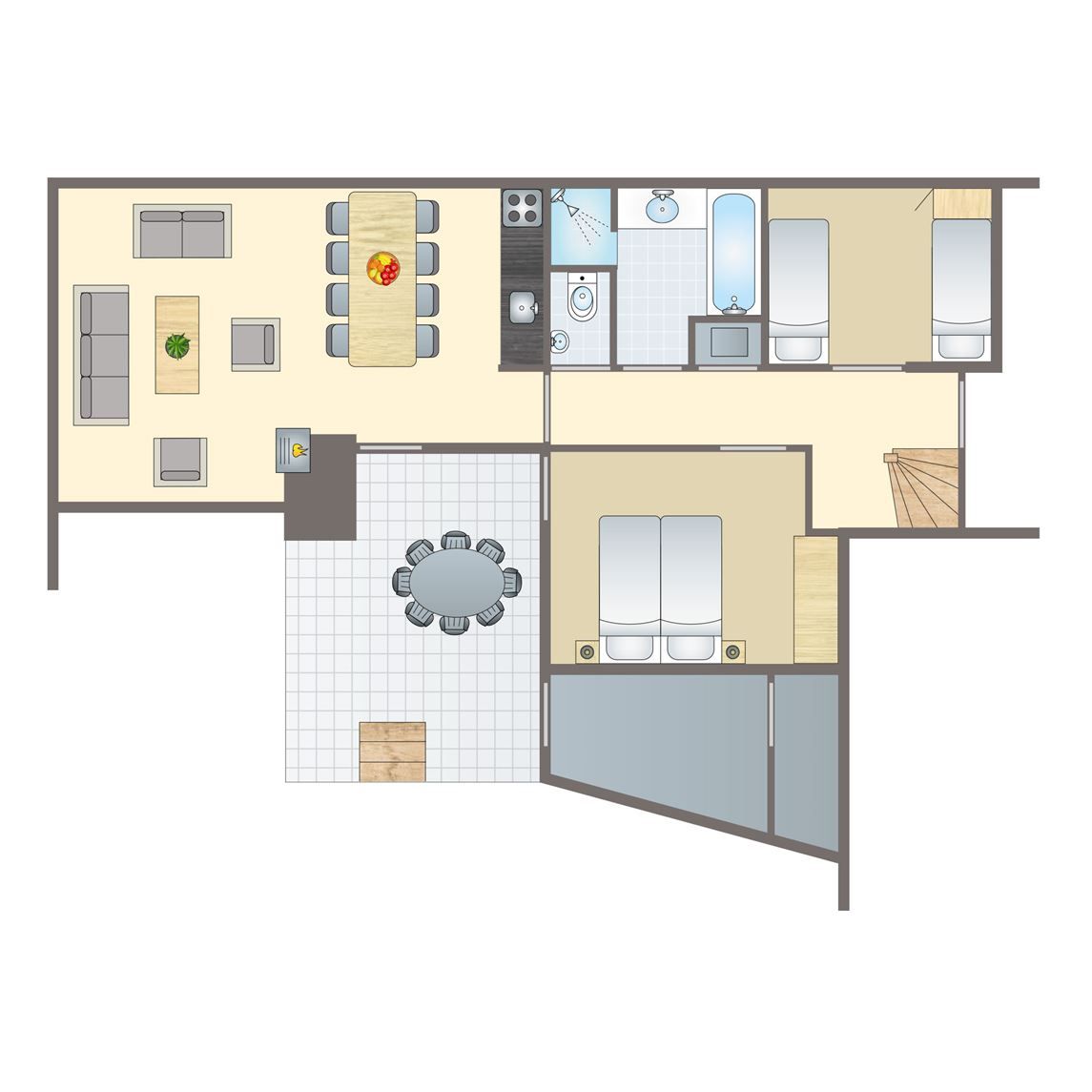 Plattegrond van Village l'Eau d'Heure 8-persoons bungalow in Froidchapelle, Henegouwen, Belgie met moderne indeling en ruime kamers.