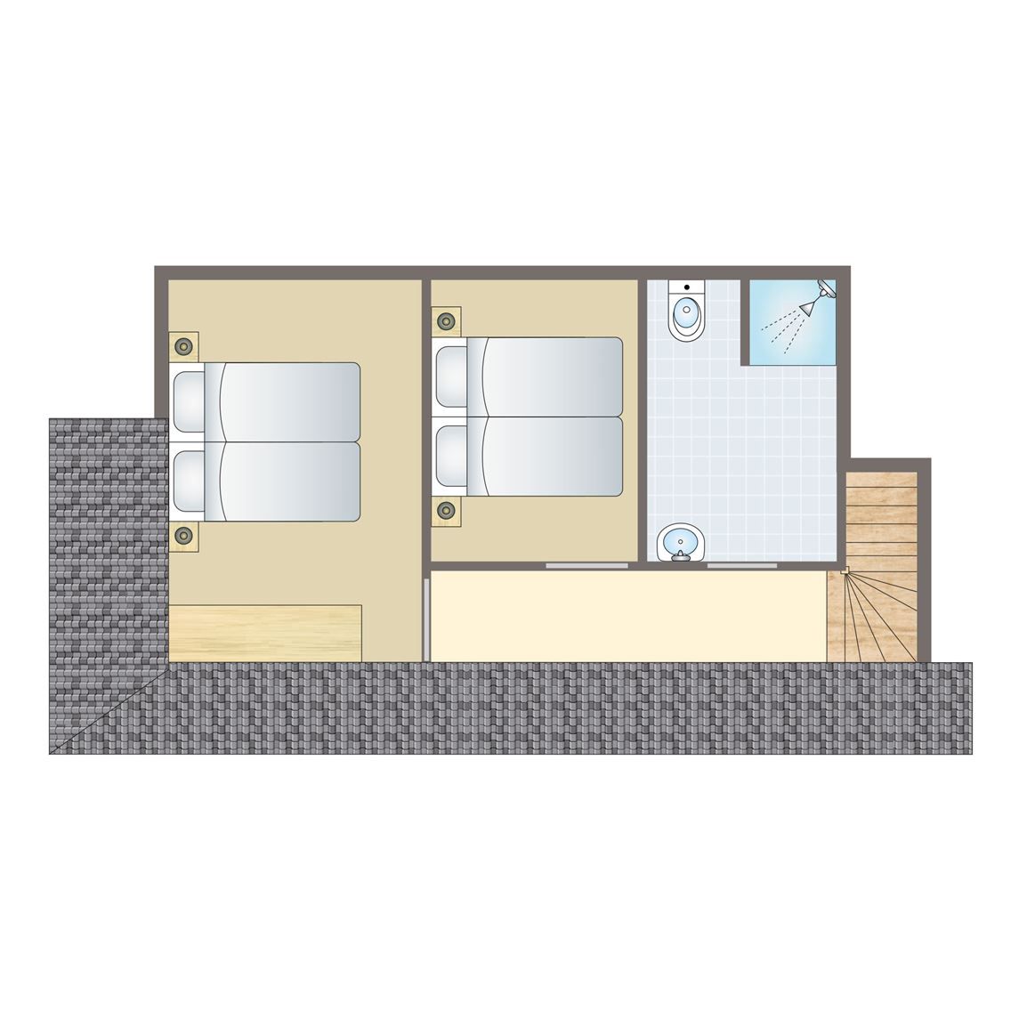 Plattegrond van Village l'Eau d'Heure 8-persoons bungalow 8C1 in Froidchapelle, Henegouwen, Belgie, met twee slaapkamers en badkamer.
