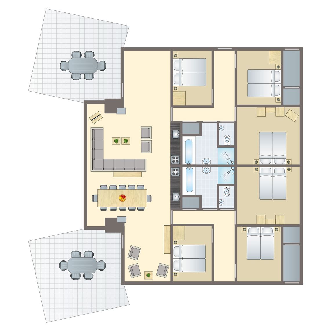 Plattegrond van Village l'Eau d'Heure 12-persoons bungalow in Froidchapelle, Henegouwen, Belgie, met ruime slaapkamers en gezellig terras.