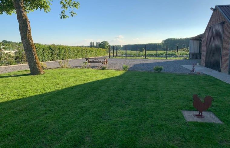 Ruime tuin met groen uitzicht bij Vakantiehuisje in Jollain, Henegouwen, ideaal voor ontspanning in de natuur.