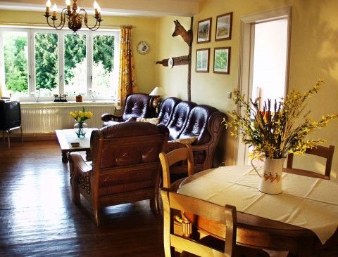 Sfeervolle woonkamer van Les Gronsarts Vencimont vakantiehuis met houten meubels en grote ramen in de Ardennen, Belgi.