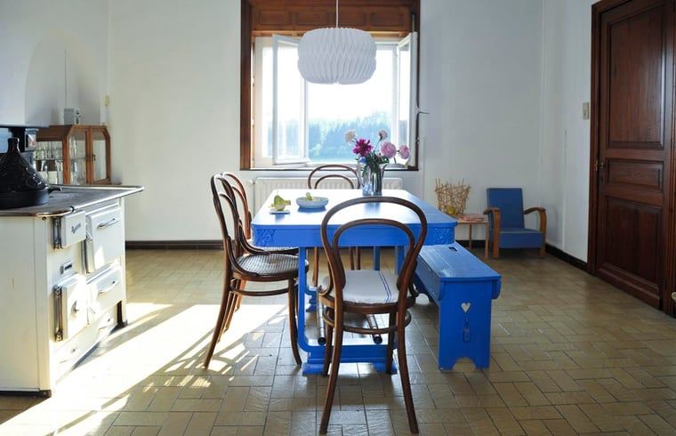 Gemuetliches Esszimmer im Ferienhaus in Aublain, Ardennen, Belgien mit rustikaler Einrichtung und Blick auf die Natur.