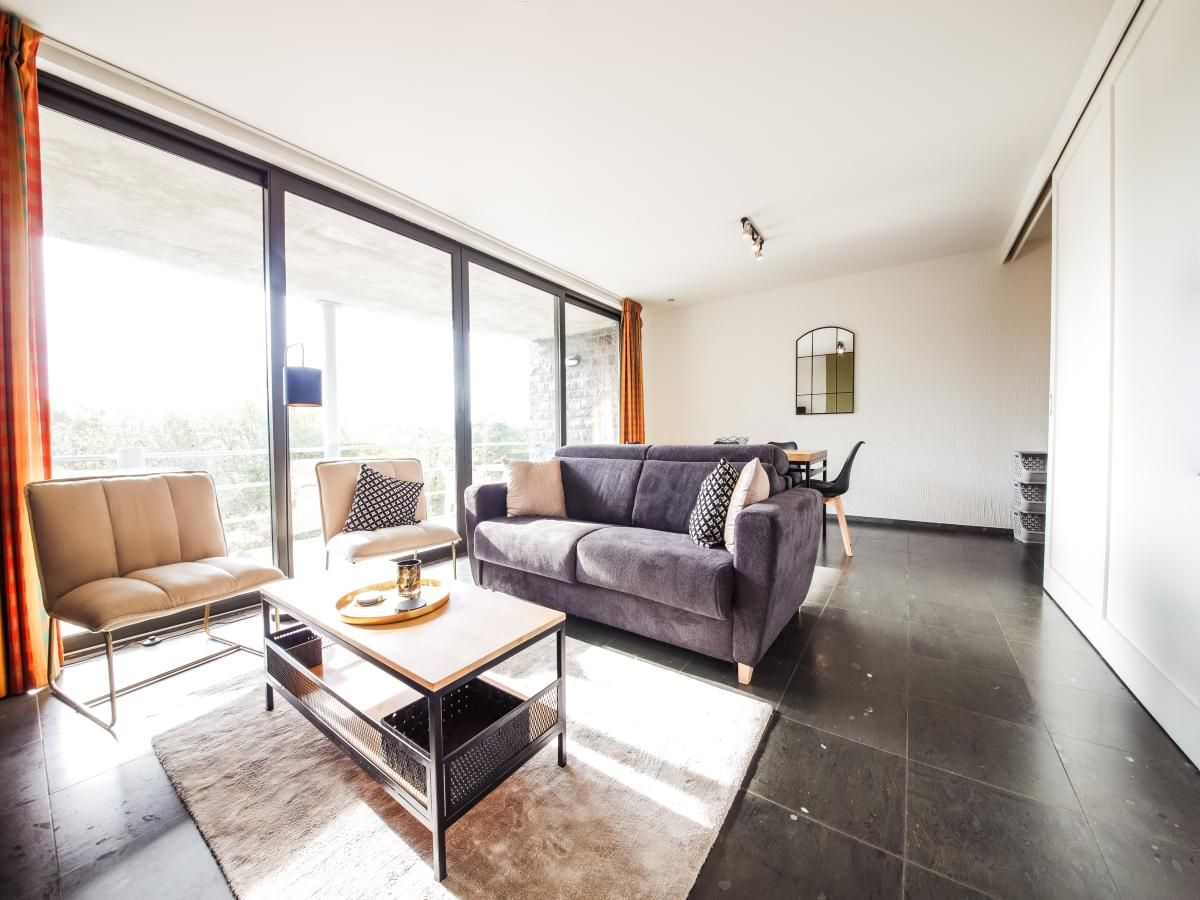 Stijlvolle woonkamer in Castelgolf vakantiehuis, Barvaux, Ardennen, Belgie, met moderne inrichting en uitzicht op de natuur.