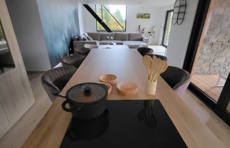 Cozy interior of Cottage in Grandmenil, vacation home in Ardennes, Belgium with modern kitchen and comfortable seating area.
