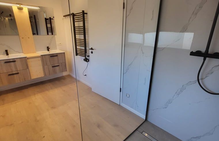 Modern bathroom in Cottage in Grandmenil, cottage in Ardennes, Belgium, with stylish wooden elements and spacious shower.
