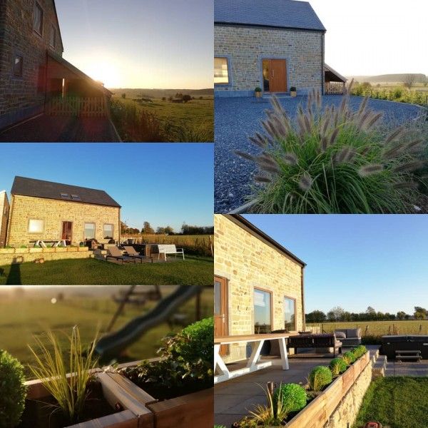 Collage of outdoor spaces at Maison de l'amitie, vacation home in the Ardennes, Houffalize, with sunny terraces.