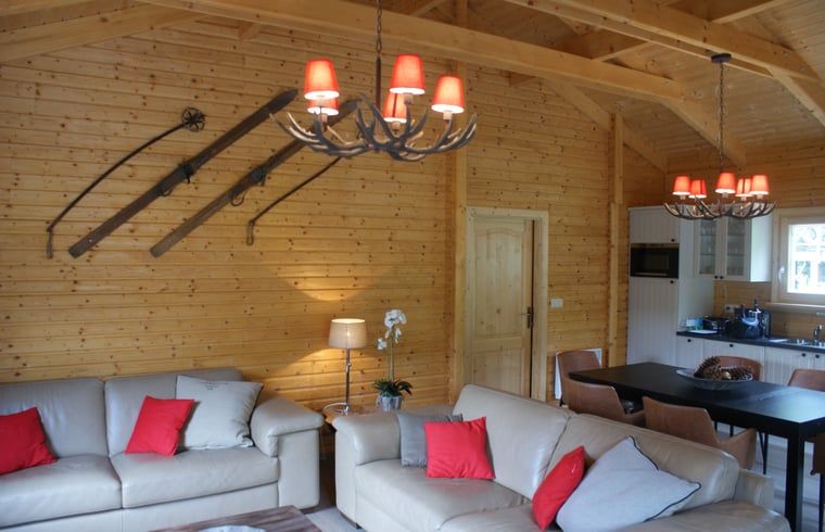 Cozy living room of Cottage in Erezee, located in the Ardennes, Belgium. Perfect vacation home with wooden interior and modern amenities.